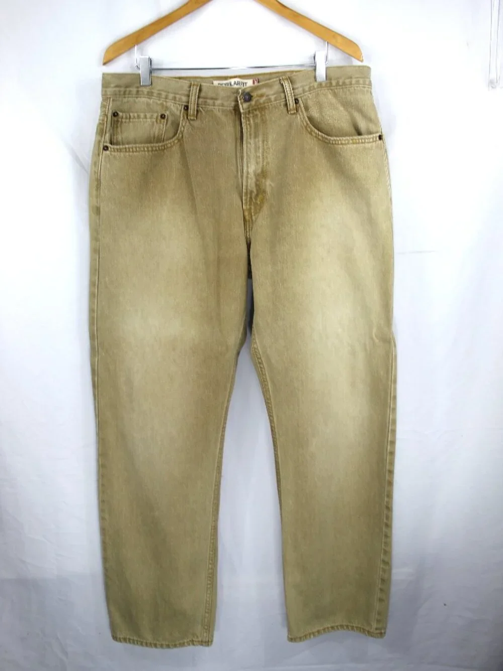 LEVI'S 505 MEN'S REGULAR FIT WASHED KHAKI TAN DENIM JEANS SIZE 38X32 GRUNGE